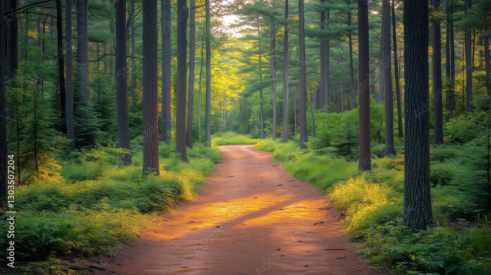 Fototapeta premium Lush Forest Path Winding Through Tall Pine Trees in Serene Nature