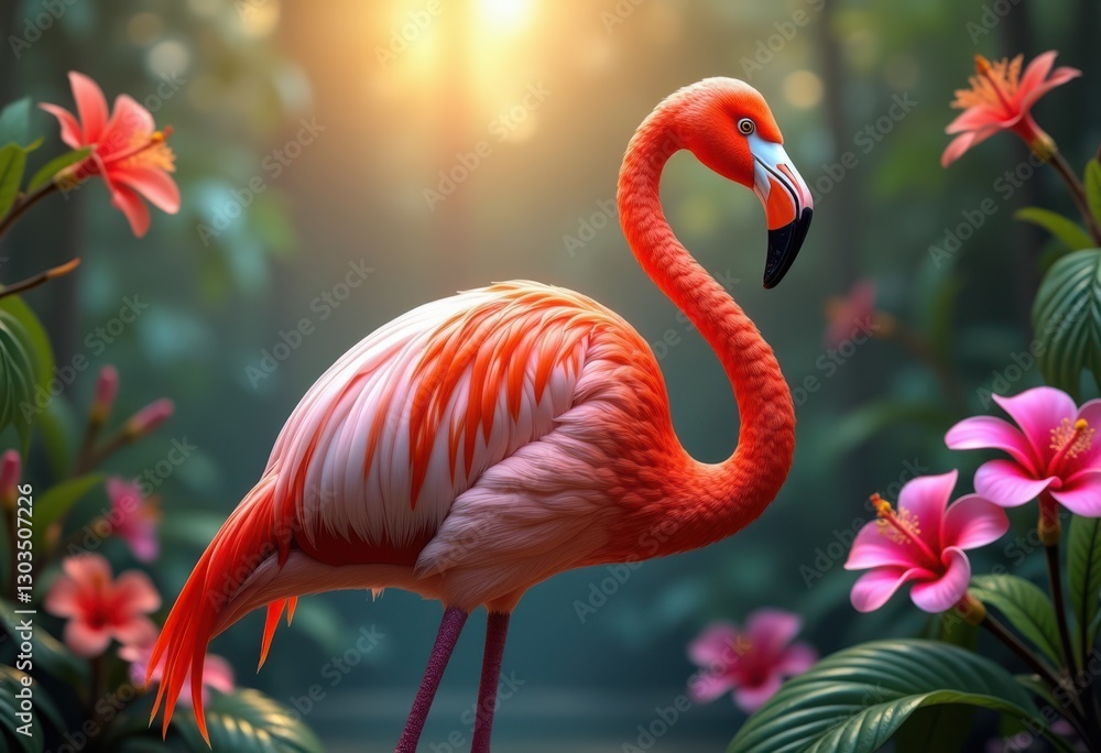 Obraz premium close vibrant flamingo colorful tropical background featuring lush foliage bright hues, exotic, feathers, nature, bird, paradise, wildlife, detail, colors