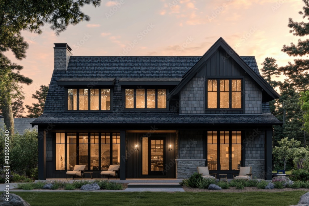 This contemporary residence features expansive windows and beautiful stone accents, harmoniously merging architectural design with the natural surroundings at dusk This contemporary residence features expansive windows and beautiful stone accents, harmoniously merging architectural design with the natural surroundings at dusk