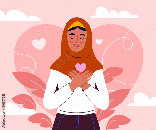 Love yourself woman. Young girl in hijab hug herself. Self acceptance and and love. Taking care of mental and psychological health. Positivity and optimism. Flat vector illustration
