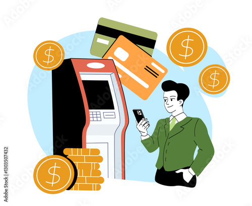 Man withdraws money. Young guy near atm terminal with banking cards and golden coins. Cashless transfers and transactions. Digital money and electronic wallet. Linear vector illustration
