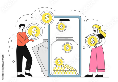People with money transfer. Man and woman with golden coins near smartphone with glass jar. Cashless transfers and transactions. Digital wallet. Linear vector illustration