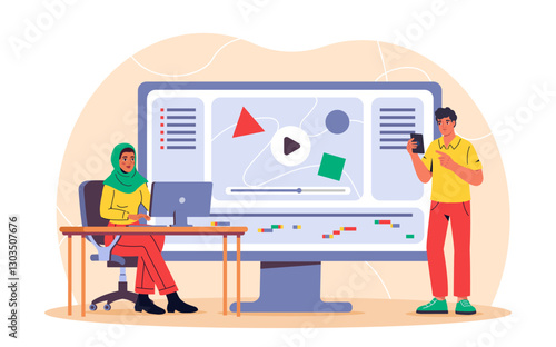 Motion designers team. Man and woman with computer. Graphic designers and video editors. Freelancers and remote workers work on common project. Flat vector illustration