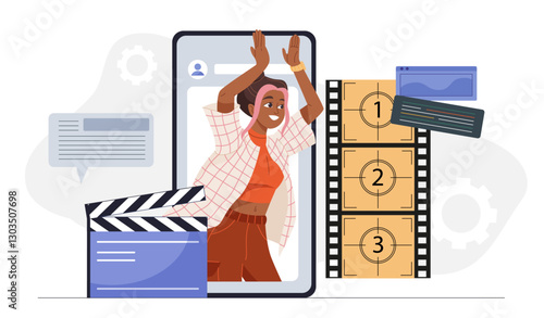 Movie director online. Woman at smartphone screen near clapperboard and film reel. Filmmaking and film industry. Movies and series production on internet. Flat vector illustration