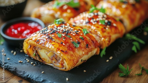 Delicious Savory Rolls Filled With Fresh Vegetables on a Black Plate