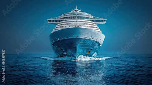 Majestic cruise ship at sea, powerful bow waves, clear sky, ocean travel