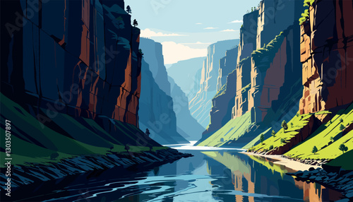 Scenic canyon river flowing between towering cliffs
