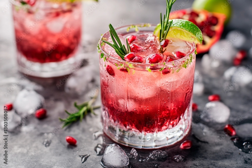 A vibrant pomegranate mocktail sits in a glass, adorned with lime slices and fresh herbs, amidst ice cubes. Juicy pomegranate seeds add color and flair to the drink A vibrant pomegranate mocktail sits in a glass, adorned with lime slices and fresh herbs, amidst ice cubes. Juicy pomegranate seeds add color and flair to the drink