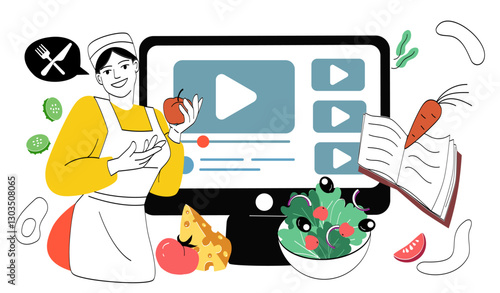 Online cooking lesson. Woman in apron with ingredients. Young girl preparing salad. Remote education and training. Blogger streaming educational content. Linear vector illustration