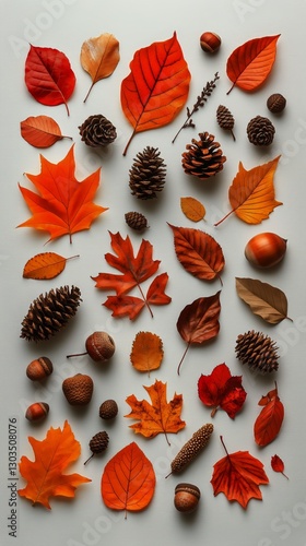 Colorful Autumn Leaves and Pinecones Arranged on a Light Background in a Crea...