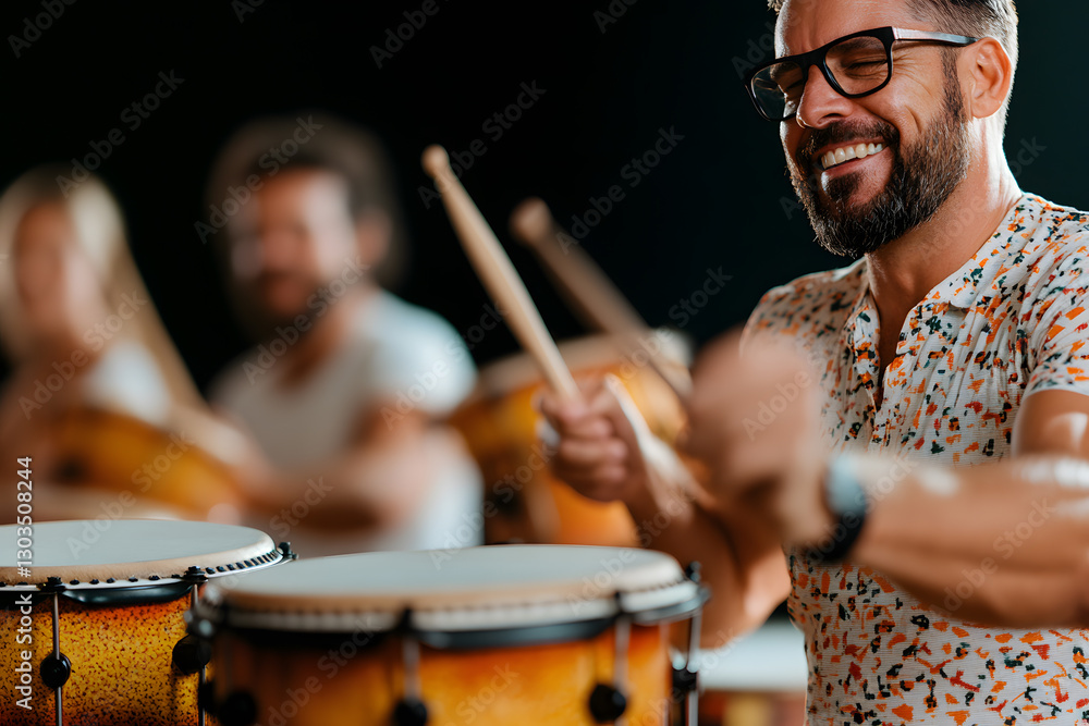 Joyful musician playing percussion, radiating enthusiasm in a live performance. The vibrant rhythm and expressive gestures capture the essence of musical passion. Joyful musician playing percussion, radiating enthusiasm in a live performance. The vibrant rhythm and expressive gestures capture the essence of musical passion.