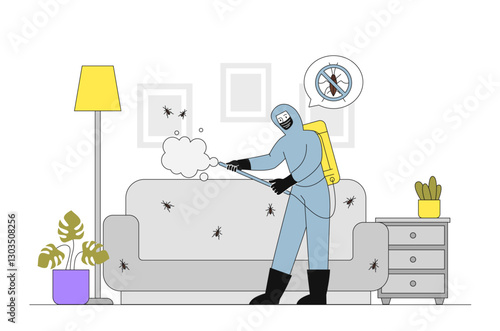 Pest control in apartment. Man in uniform applies insect repellent chemical spray. Decontamination and disinfection in room. Poison for roaches. Linear vector illustration