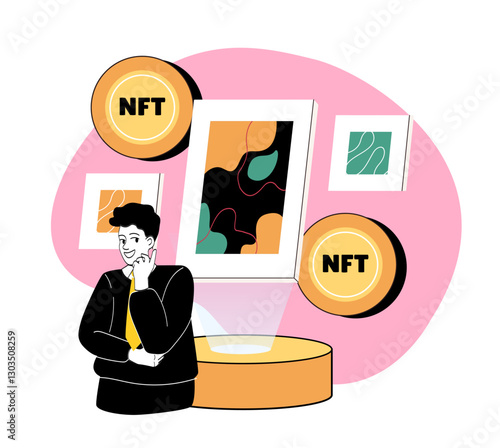 Man buy NFT pictures. Young guy buys paintings on Internet. Cryptocurrency and blockchain technologies. Non fungible token images. Digital content auction. Linear vector illustration