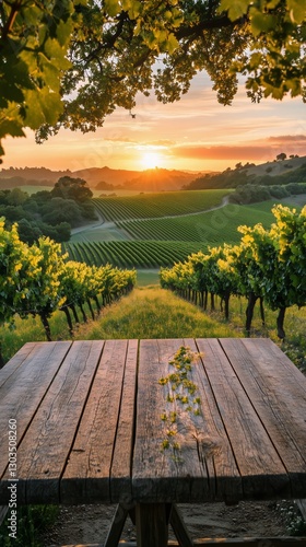 Sunset View Over Vineyard With Wooden Table and Flower Pot in Serene Countrys...