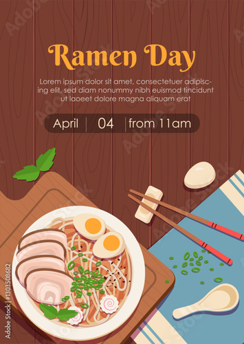 Ramen day poster. Top view at bowl with noodles and meat. Traditional asian food and eating. Holiday and festival 4 April. Brochure and booklet, leaflet. Flat vector illustration