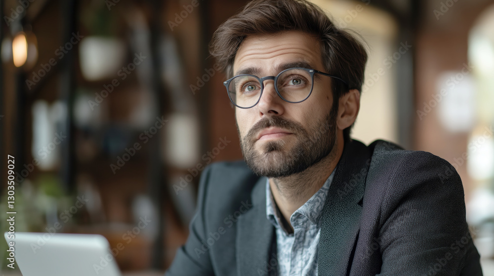 Contemplative businessman coffee shop portrait urban setting close-up Contemplative businessman coffee shop portrait urban setting close-up