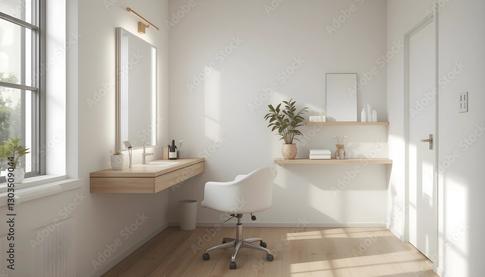 Fototapeta premium Minimalist Beauty Salon with LED Mirror and Natural Lighting