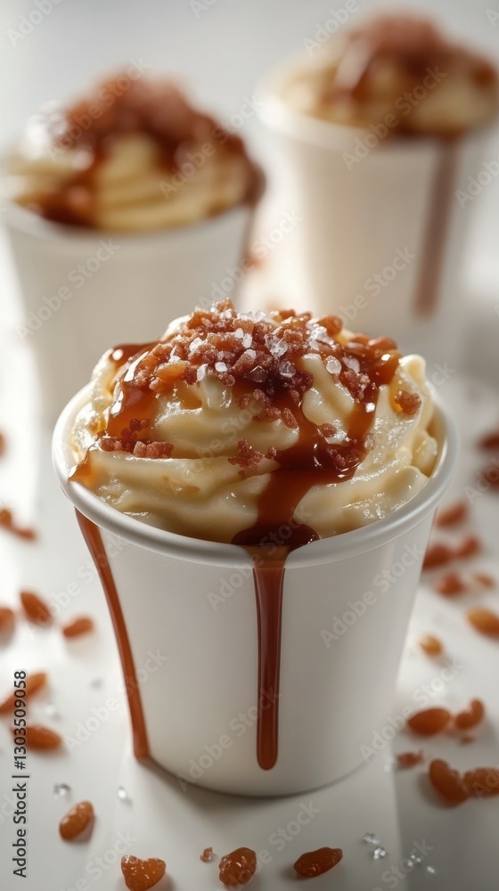 Creamy dessert topped with caramel and crunchy bits served in small cups at a casual gathering Creamy dessert topped with caramel and crunchy bits served in small cups at a casual gathering