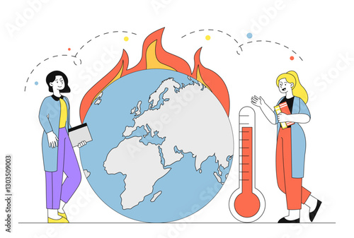Scientists with global warming. Women with thermometers near burning planet. Global environmental problems. Caring for nature and environment. Linear vector illustration