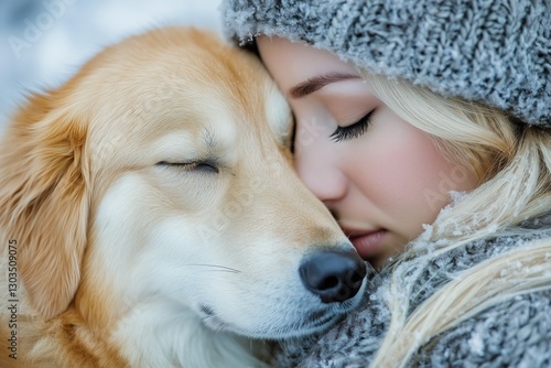 Winter Bonding Moment Between Girl and Golden Retriever in Snowy Landscape
