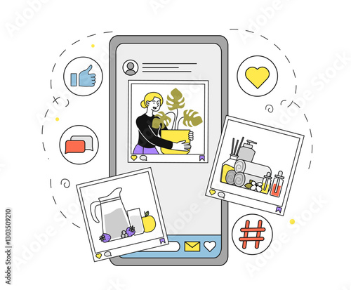 Social networks posts. Smartphone with photos, likes and reactions. Communication and interaction in social media. Interesting content on internet. Linear vector illustration