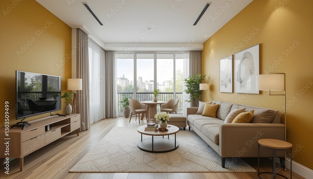 Fototapeta premium Trendy Apartment with Mustard Yellow Accent Wall
