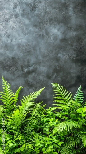 Lush Green Ferns Against a Dark Textured Background in a Peaceful Indoor Setting