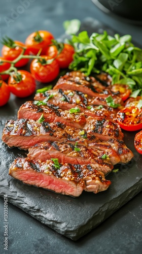 Grilled Steak Served With Fresh Tomatoes and Herbs on a Black Stone Platter