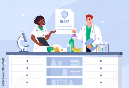 Scientists testing food quality. Man and woman in medical uniform with flask with reagents. Biochemistry and molecular biology. Scientific research in laboratory. Flat vector illustration