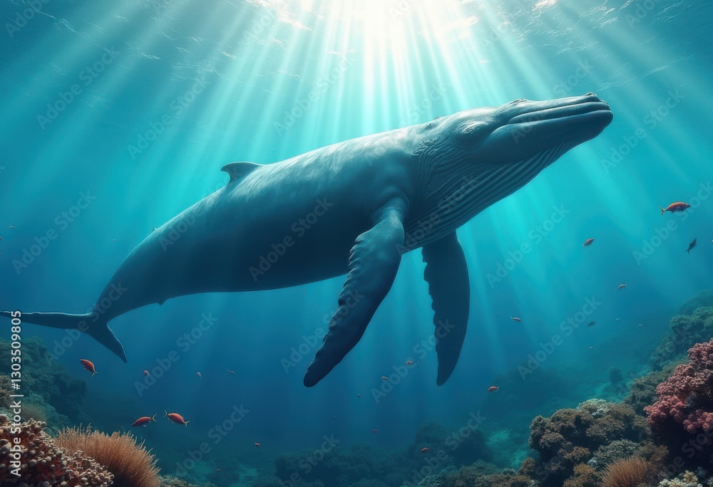 Fototapeta premium majestic whale swimming gracefully through crystal tranquil ocean waters amidst vibrant marine life, movement, tranquility, sea, aquatic, blue, clear, depths