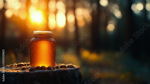 Honey Jar Resting on Fallen Leaves in a Forest During Autumn Afternoon