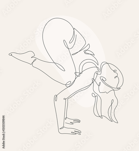 A minimalistic one-line drawing of a beautiful woman in the crow yoga pose against a beige background, featuring continuous soft curves and elegant simplicity