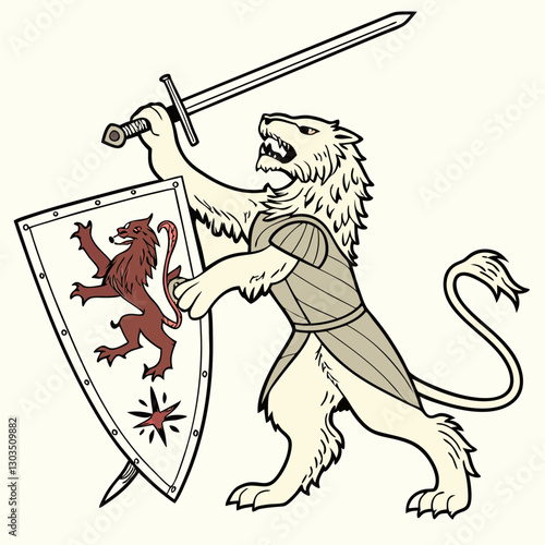 A bold lion standing rampant, depicted as part of a heraldic crest or coat of arms, symbolizing strength, courage, and nobility.
