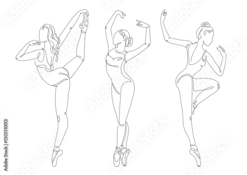 Minimalistic one-line drawings of ballerinas performing graceful standing poses, depicted on a white background with delicate continuous lines