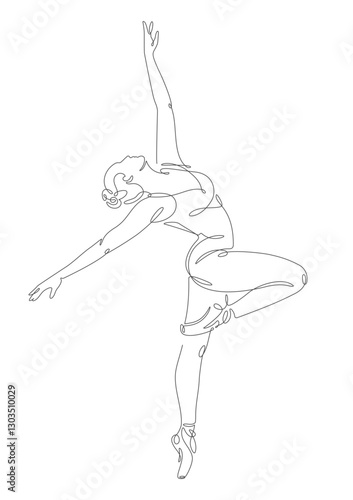 A minimalistic one-line drawing of a ballerina performing a graceful arabesque, one leg standing pose, depicted on a white background, delicate continuous line