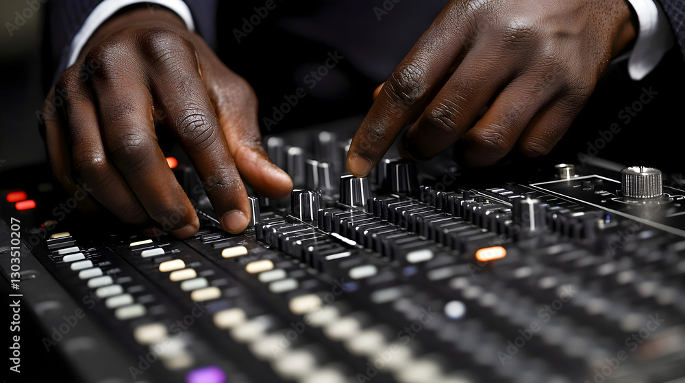 Close-up of a DJ or sound engineer adjusting an audio mixing console, focusing on hands and control knobs, creating a professional music production or live sound setup Close-up of a DJ or sound engineer adjusting an audio mixing console, focusing on hands and control knobs, creating a professional music production or live sound setup