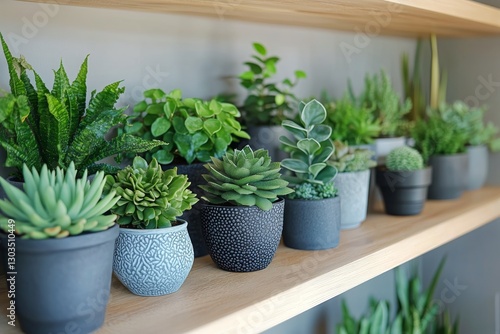 Succulent Arrangement on Wooden Shelf in Modern Indoor Garden Setting