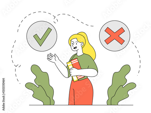 Yes or no. Woman with two options. Thinking and decision making process. Agree or refuse, tick or cross. Doubt and dilemma. Confused young girl. Linear vector illustration