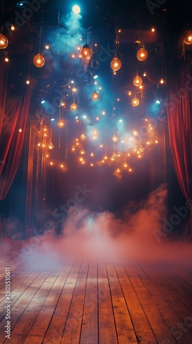 Mystical Stage Illuminated With Bright Hanging Lights and Fog at a Performanc...