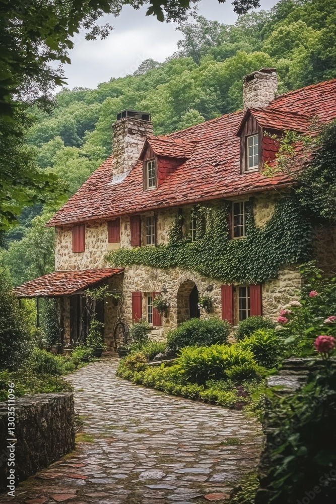 Charming stone house nestled among lush greenery with a winding cobblestone pathway inviting exploration on a serene day Charming stone house nestled among lush greenery with a winding cobblestone pathway inviting exploration on a serene day
