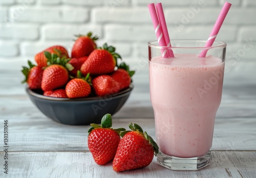 Wallpaper Mural Refreshing Strawberry Milkshake in Glass with Pink Straws Beside Fresh Strawberries on Rustic Wood Table Torontodigital.ca