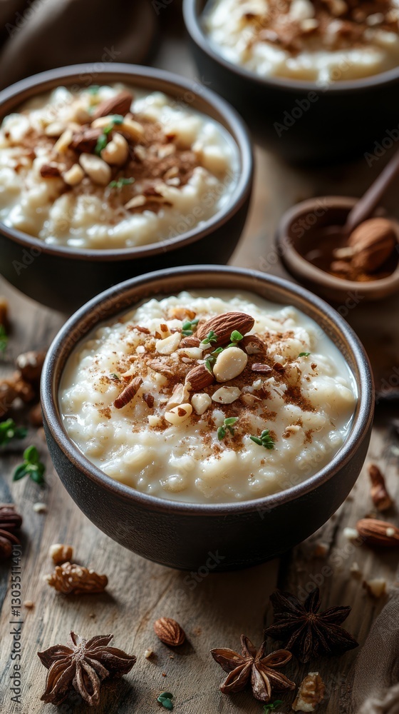 Creamy rice pudding topped with nuts and spices in rustic bowls on a wooden table Creamy rice pudding topped with nuts and spices in rustic bowls on a wooden table