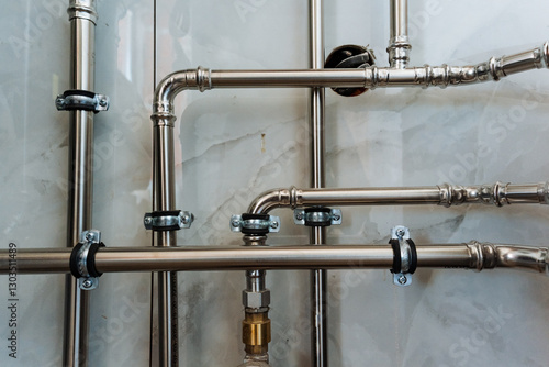 Sleek stainless steel pipes against a resilient wall create a stunning visual display with their shine and modern design, ideal for plumbing and construction applications