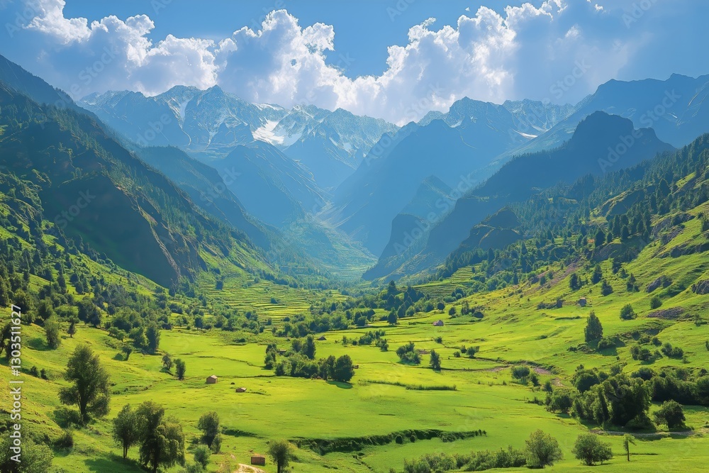 Majestic Green Valley Surrounded by Mountains Under a Cloudy Sky at Twilight Majestic Green Valley Surrounded by Mountains Under a Cloudy Sky at Twilight