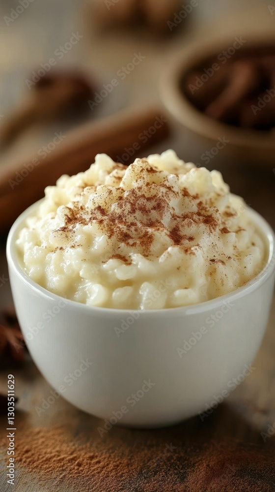 Creamy rice pudding topped with cinnamon sits in a simple white bowl on a rustic table with warm spices Creamy rice pudding topped with cinnamon sits in a simple white bowl on a rustic table with warm spices