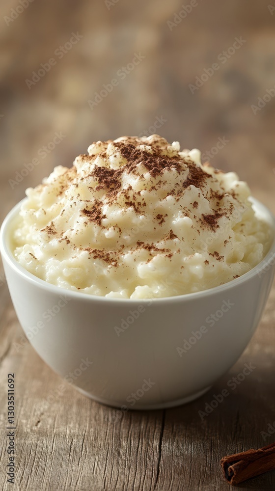 Creamy rice pudding topped with cinnamon in a white bowl on a rustic wooden table Creamy rice pudding topped with cinnamon in a white bowl on a rustic wooden table