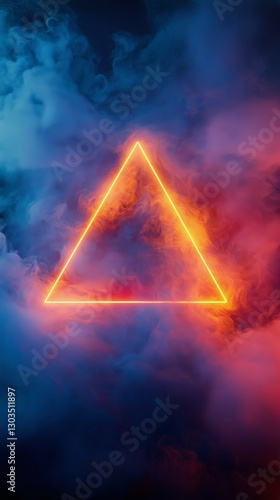 Vibrant Neon Triangle Glowing Through Colorful Smoke During Nighttime Setting