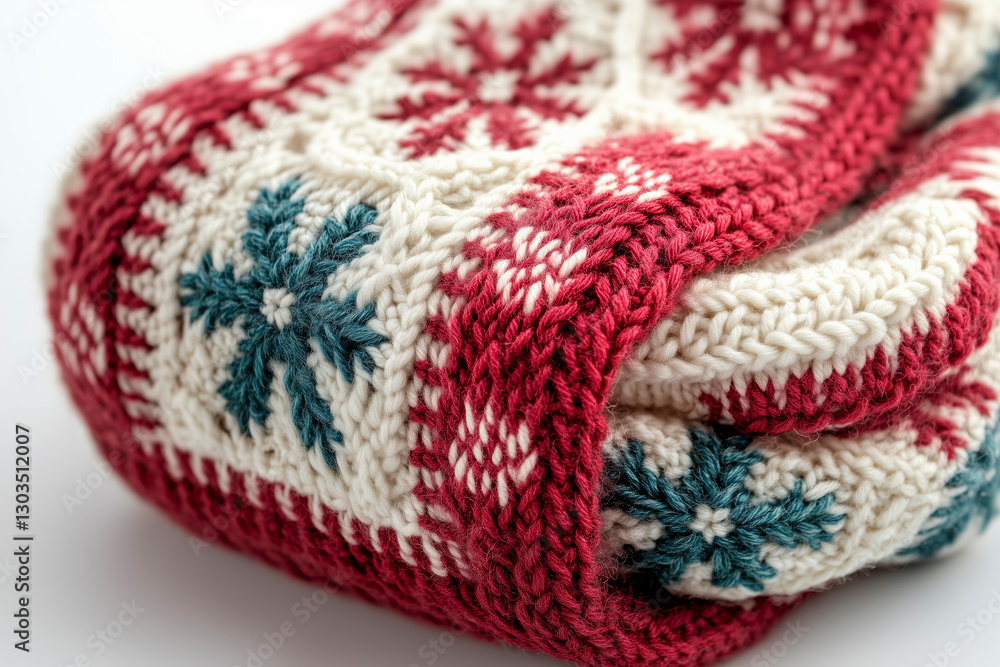A charming close-up of knitted winter accessories with a focus on detail and snowflakes against white. A charming close-up of knitted winter accessories with a focus on detail and snowflakes against white.