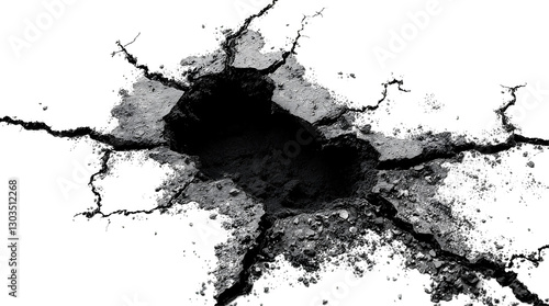 Photo of cracked asphalt with a large hole and exposed dirt isolated on transparent background.png