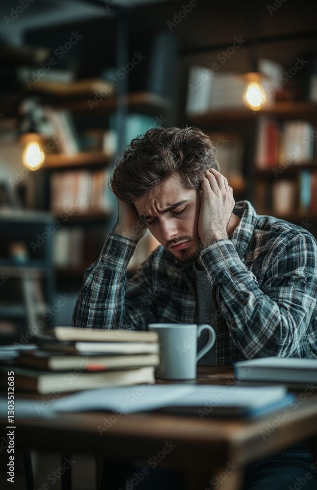 Fototapeta premium Sad young man studying hard, holding head, books and coffee on table